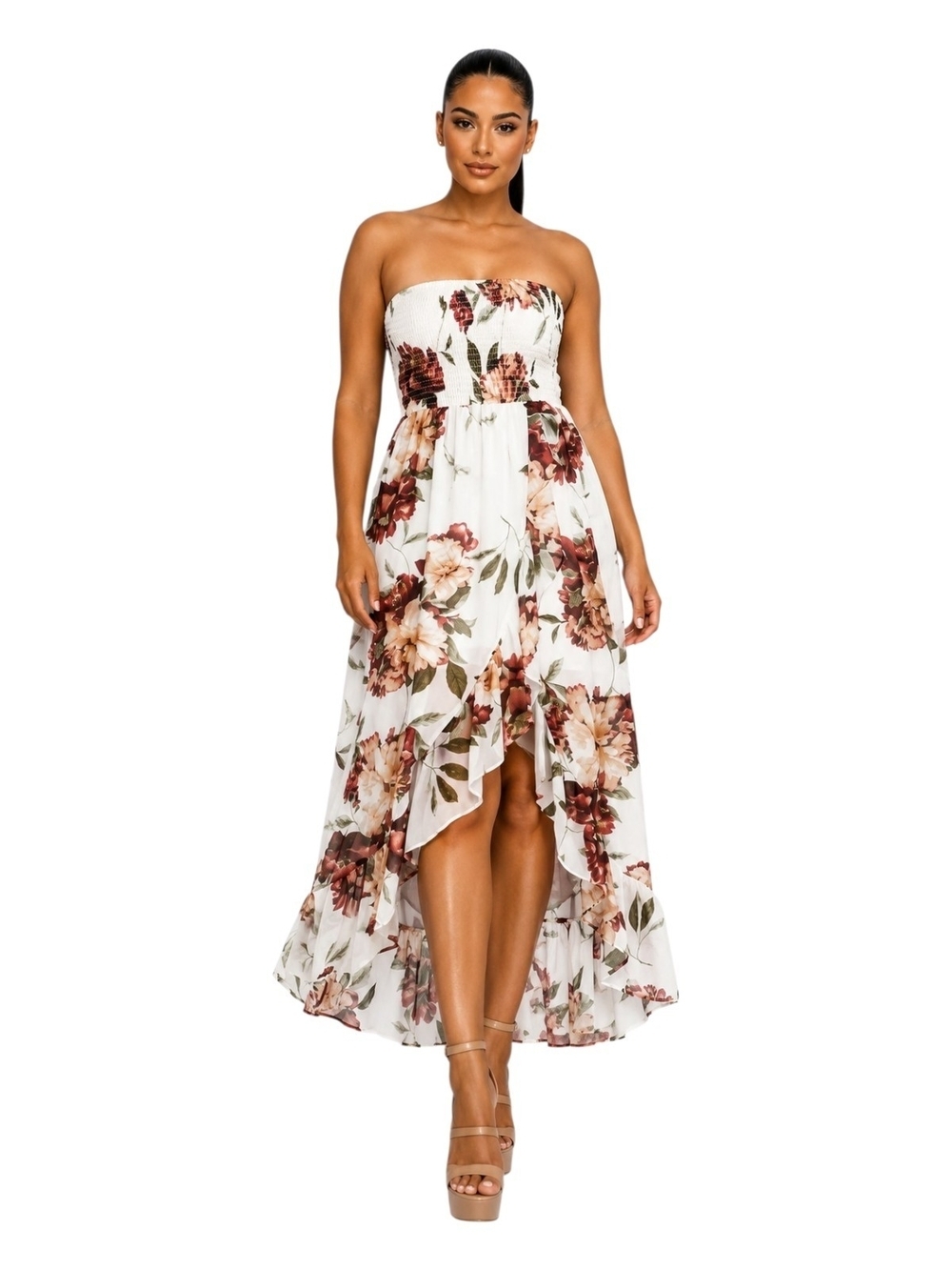 Venus Floral Strapless High-Low Maxi Dress – Size Small.